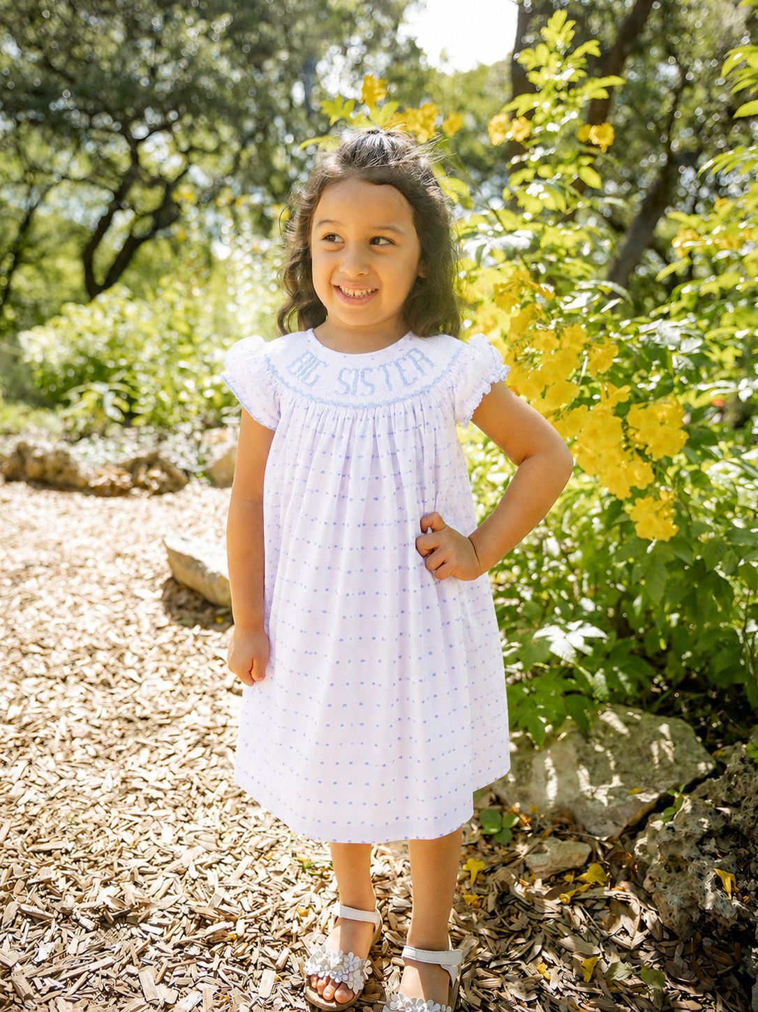 big sister smocked dress Big Sister Hand-Smocked Dress in Blue Swiss Dot