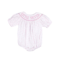 Little Sister Hand-Smocked Bubble in Pink Swiss Dot