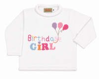 A white long-sleeve baby t-shirt with a colorful 'Birthday Girl' graphic and balloon design on the front, shown against a plain white background.