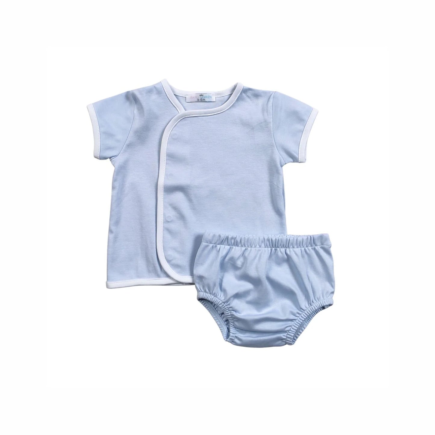 A baby two-piece clothing set consisting of a short-sleeve light blue wrap shirt with white trim and matching light blue diaper cover, displayed on a solid white background.