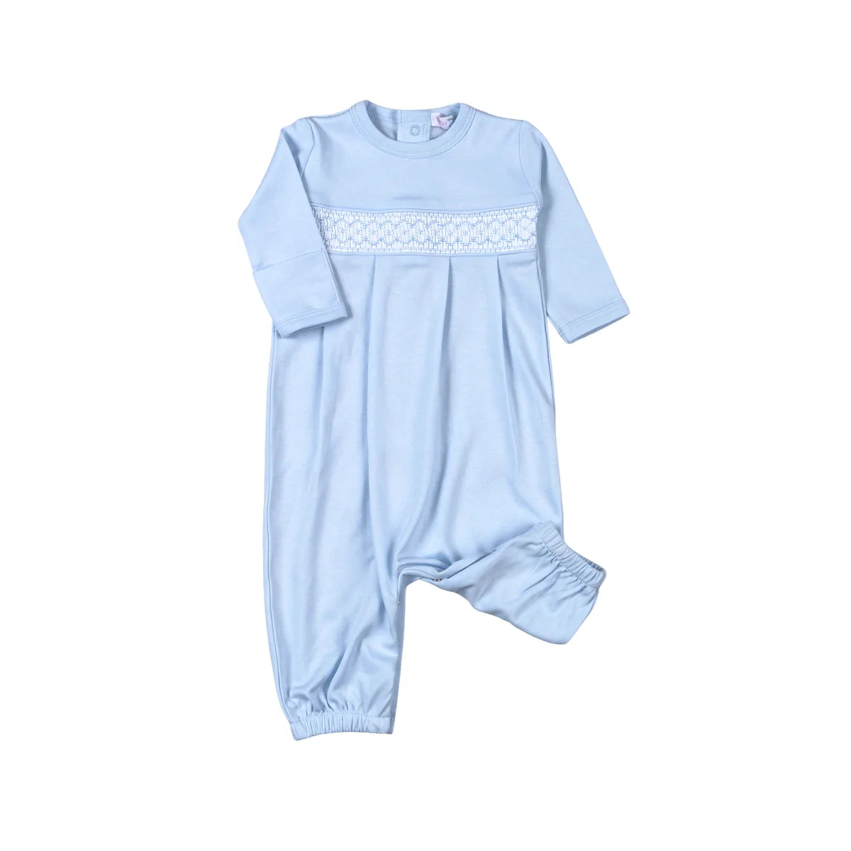 A baby's long-sleeve footed romper in light blue, featuring a decorative white lace band across the chest and elasticized cuffs on the legs, shown against a plain white background.