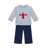 A toddler's two-piece clothing set featuring a long-sleeve top with thin navy and white horizontal stripes and a red airplane graphic on the chest, paired with solid navy blue pants.