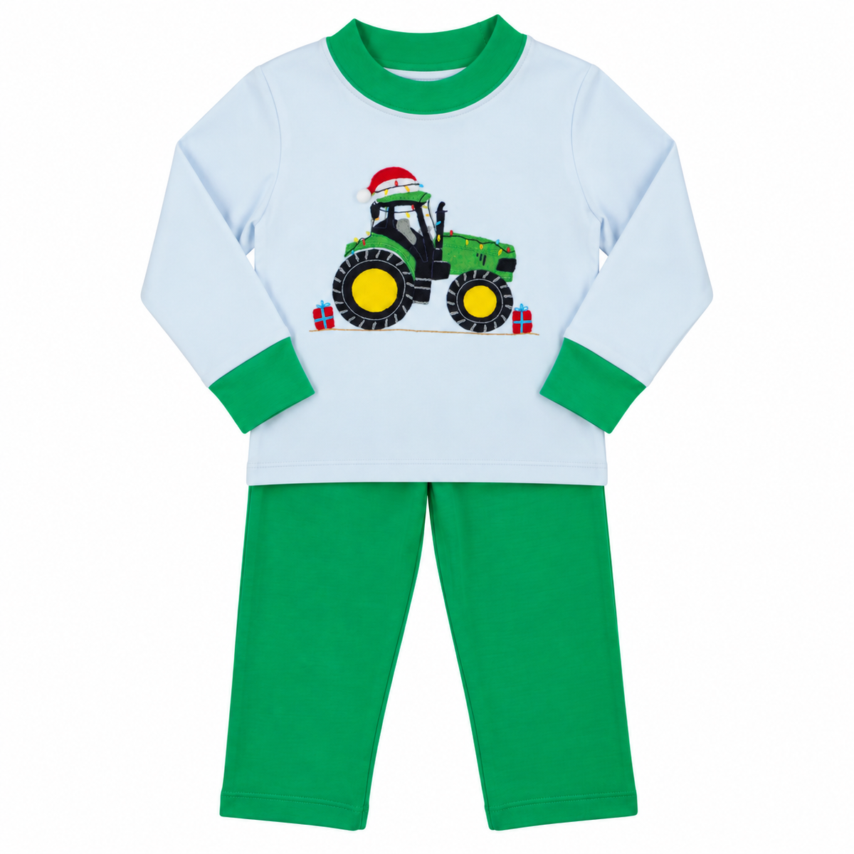 A two-piece children's pant set featuring a long-sleeve top and matching pants. The top is light blue with green collar and cuffs, and has a graphic of a green tractor wearing a red Santa hat. | Boys Christmas Tractor Festive John Pant Set by Squiggles