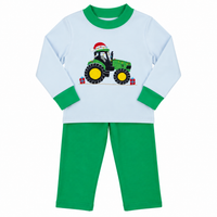 A two-piece children's pant set featuring a long-sleeve top and matching pants. The top is light blue with green collar and cuffs, and has a graphic of a green tractor wearing a red Santa hat. | Boys Christmas Tractor Festive John Pant Set by Squiggles