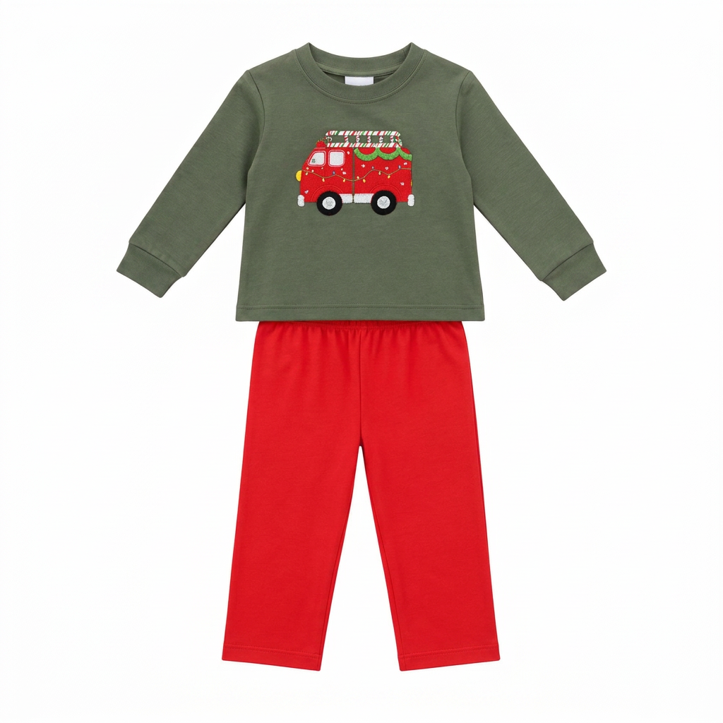 A two-piece children's outfit set featuring an olive green long-sleeve top with a red fire truck graphic on the chest, paired with bright red pants, shown against a plain white background.
