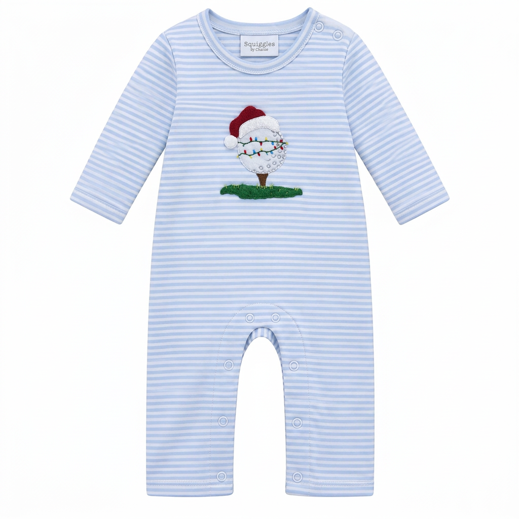 A baby long-sleeve romper with light blue and white horizontal stripes, featuring an embroidered Christmas-themed golf ball graphic on the chest with a red Santa hat, green grass, and colorful string lights. The brand label 'Squiggles' is visible inside the collar.