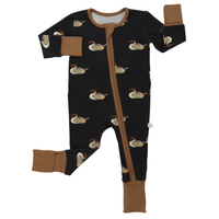 A baby one-piece footless sleeper with a black body, brown trim, and a repeating duck print, shown flat on a white background.