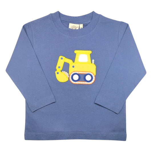 A blue long-sleeve crewneck children's t-shirt featuring a yellow construction excavator graphic on the front, displayed flat against a white background.