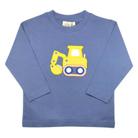 A blue long-sleeve crewneck children's t-shirt featuring a yellow construction excavator graphic on the front, displayed flat against a white background.