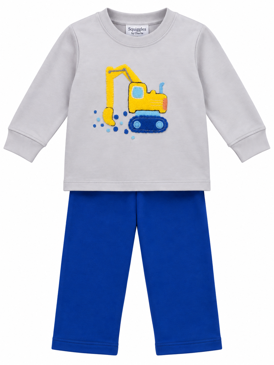 A two-piece toddler outfit set featuring a light gray long-sleeve shirt with a yellow and blue excavator graphic on the front, paired with solid royal blue pants. The brand name 'Squiggles' is visible on the inner neck label.