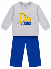 A two-piece toddler outfit set featuring a light gray long-sleeve shirt with a yellow and blue excavator graphic on the front, paired with solid royal blue pants. The brand name 'Squiggles' is visible on the inner neck label.