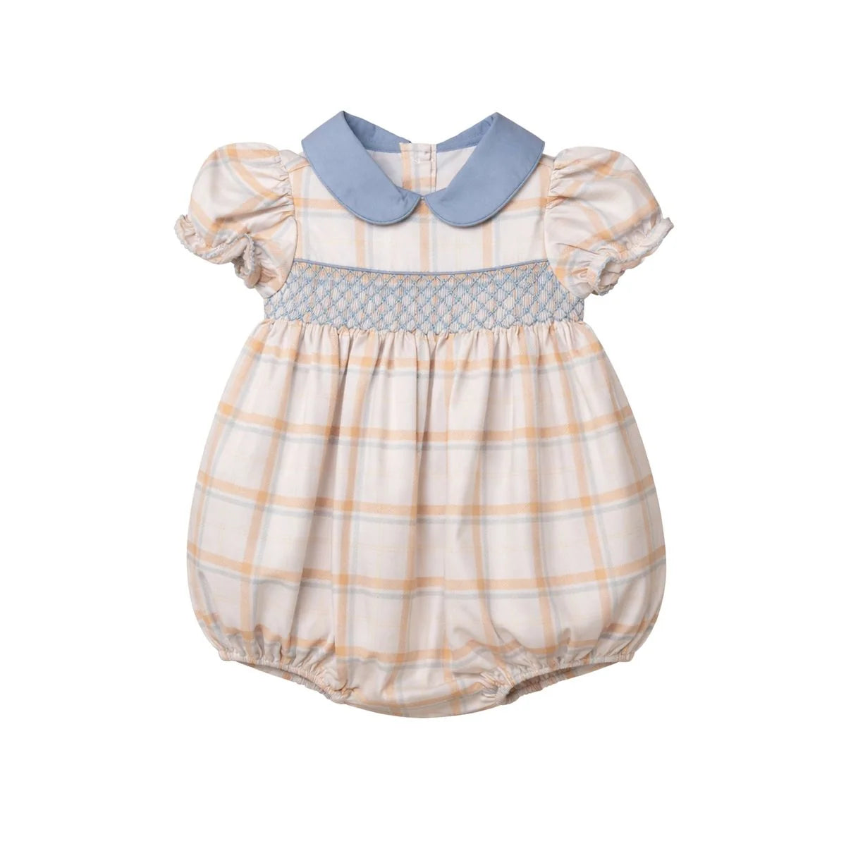 A baby girl's short-sleeve smocked bubble with a cream plaid pattern, peach stripes, a light blue collar, and a matching smocked band.