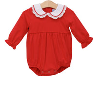 Red baby romper with white collar on a wooden hanger against a white background