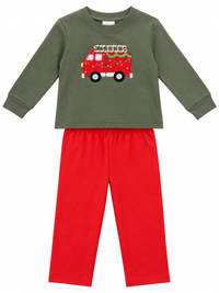 Boys Festive Christmas Fire Truck Long-Sleeve Pant Set by Squiggles
