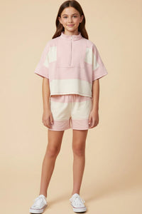 Color Block Stripe Half-Zip Knit Short Set in Pink