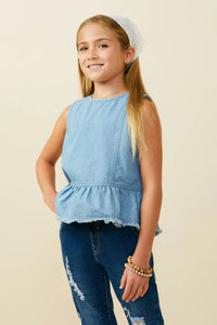 Girls Buttoned Back Denim Peplum Tank