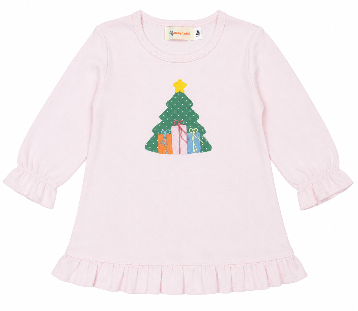 A light pink long-sleeve baby dress with a ruffled hem and cuffs, featuring a green Christmas tree graphic with colorful wrapped presents on the front.