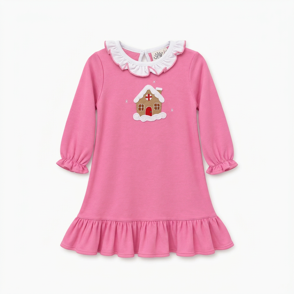 A pink long-sleeve baby dress with a ruffled white collar, elastic cuffs, and a ruffled hem, featuring an embroidered gingerbread house motif on the chest.