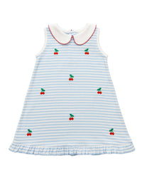 Girls Sleeveless Embroidered Cherry Dress in Sky Blue