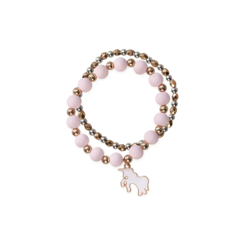 A double-strand beaded stretch bracelet featuring light pink round beads, metallic rose gold spacer beads, and a small rose gold unicorn charm, displayed on a clean white background.