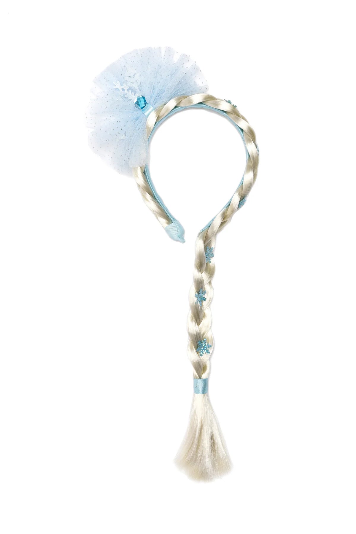 Headband with braided hair and pom-pom on a white background