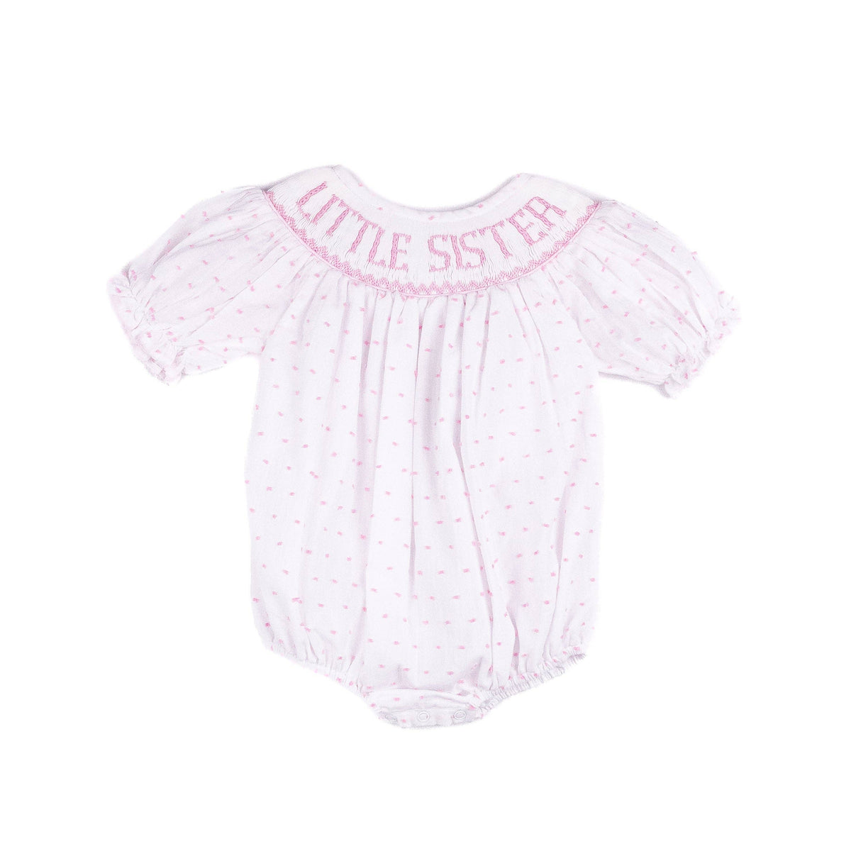 Baby romper with 'Little Sister' text on a white background