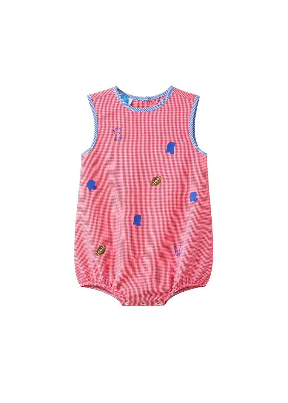 This sleeveless bubble is made from the cutest red gingham fabric, with powder blue gingham on the edges, with the cutest embroidered icons that remind us of game day in Oxford: Colonel Reb, footballs, football helmets, and the state of Mississippi.
