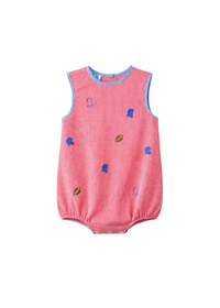 This sleeveless bubble is made from the cutest red gingham fabric, with powder blue gingham on the edges, with the cutest embroidered icons that remind us of game day in Oxford: Colonel Reb, footballs, football helmets, and the state of Mississippi.