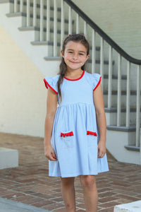 Lucy Dress in Blue Cornflower Stripe & Red