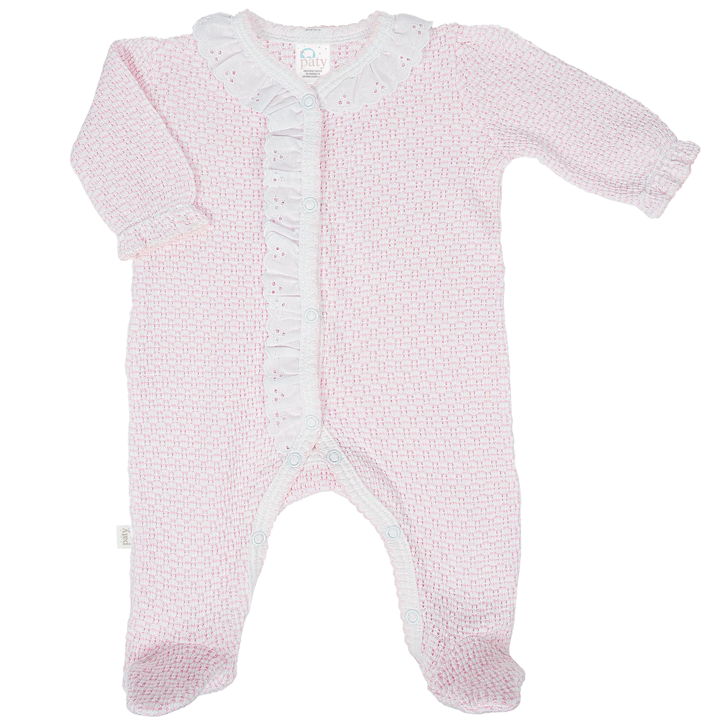 Pink baby onesie with lace details on a white background