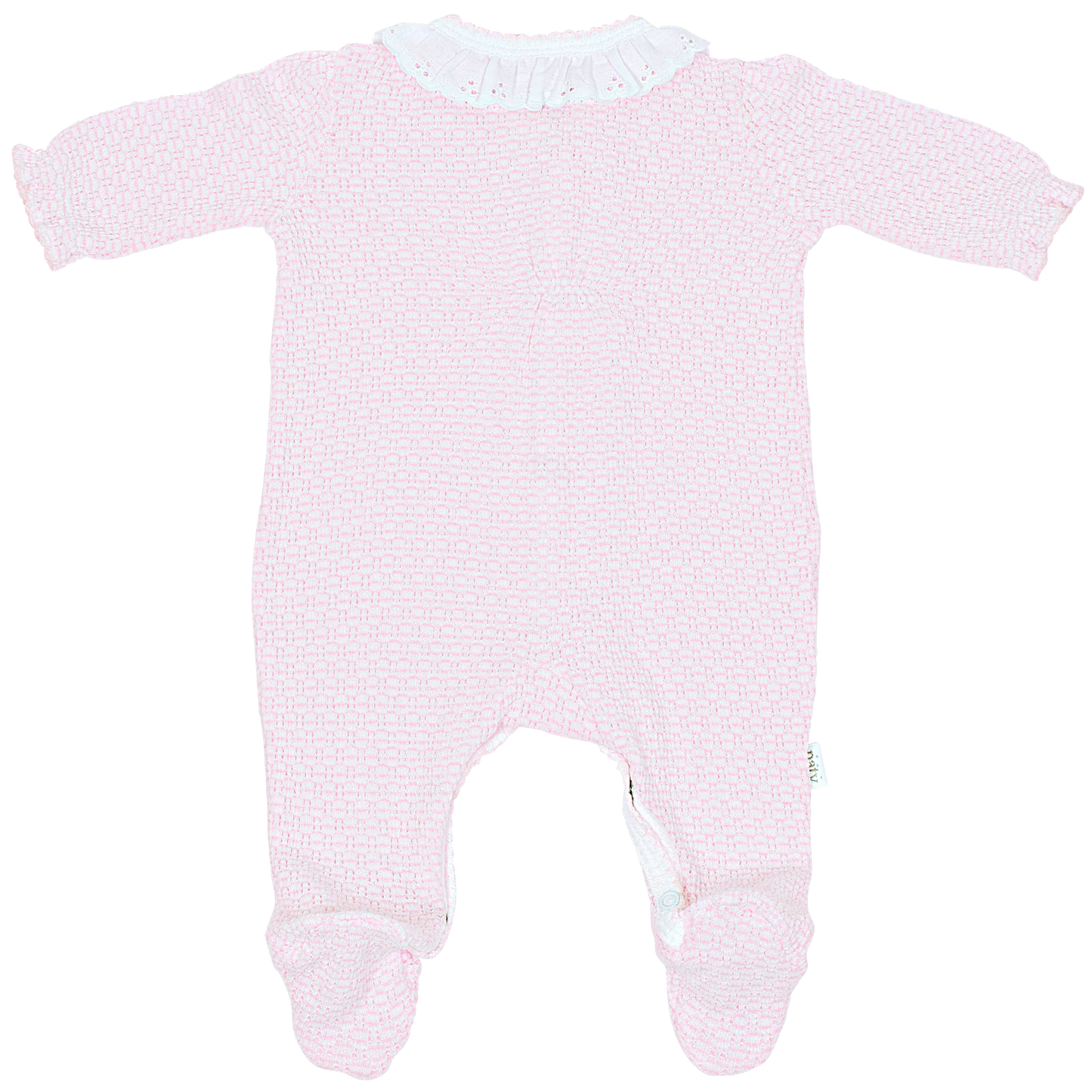 A light pink long-sleeve baby footed sleeper with a textured knit pattern and a white ruffled collar, laid flat on a white background.