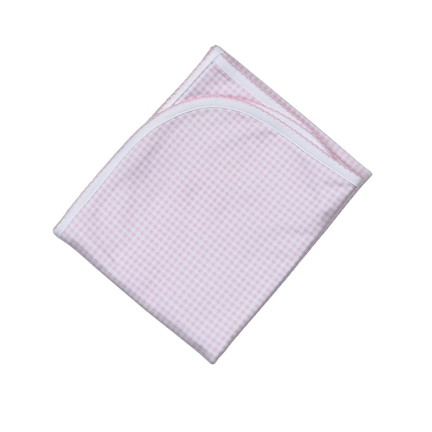 Pink checkered baby blanket with white trim on a white background
