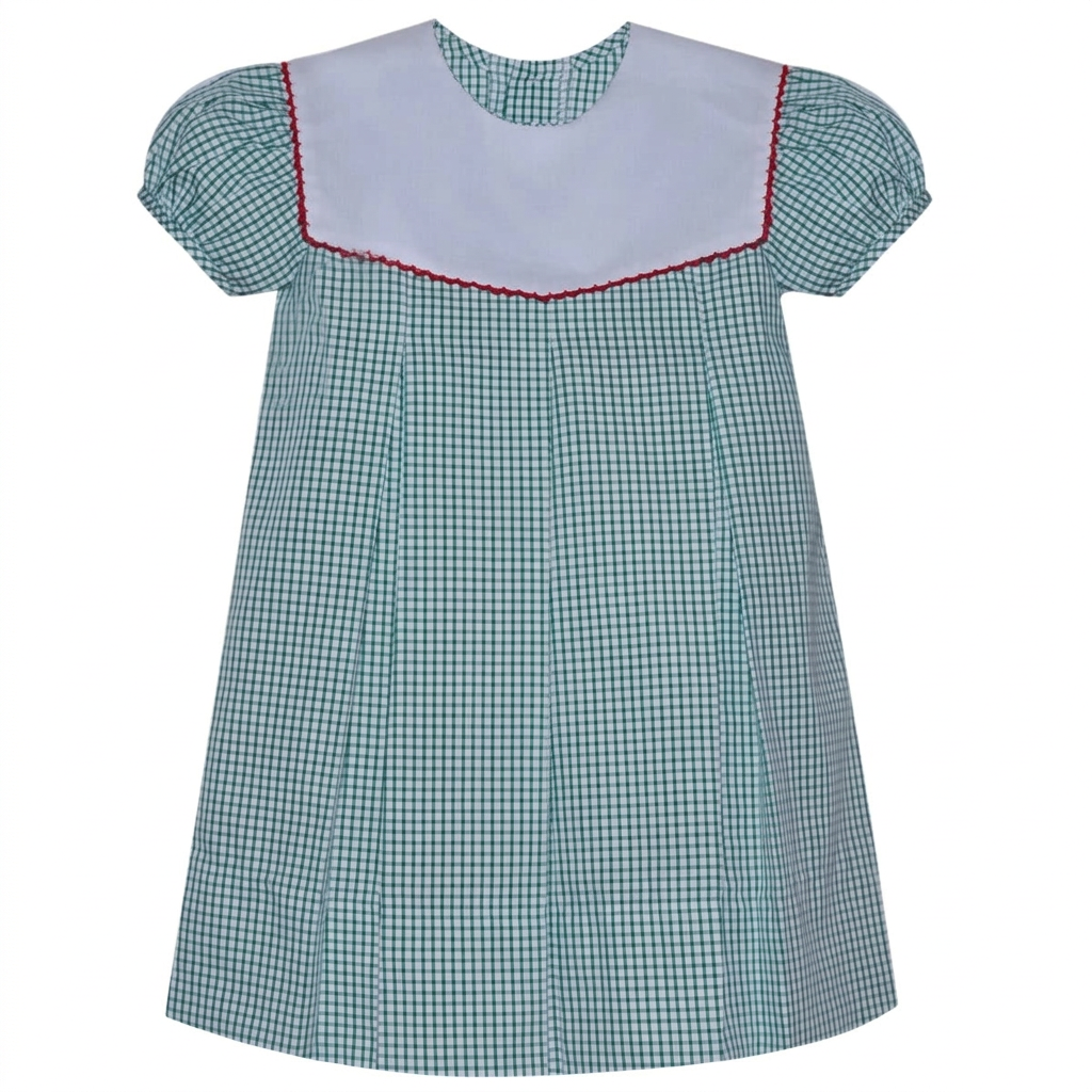 A short-sleeve gingham dress featuring a green and white gingham pattern, a solid white collar with red piping trim, and puffed sleeves.