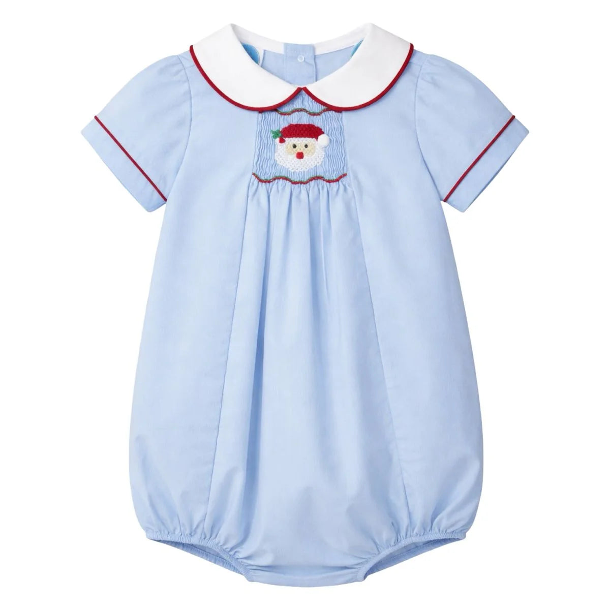 A baby's short-sleeve smocked bubble in light blue, featuring a white Peter Pan collar with red trim, red piping on the sleeves, and Santa Claus embroidery on the chest.