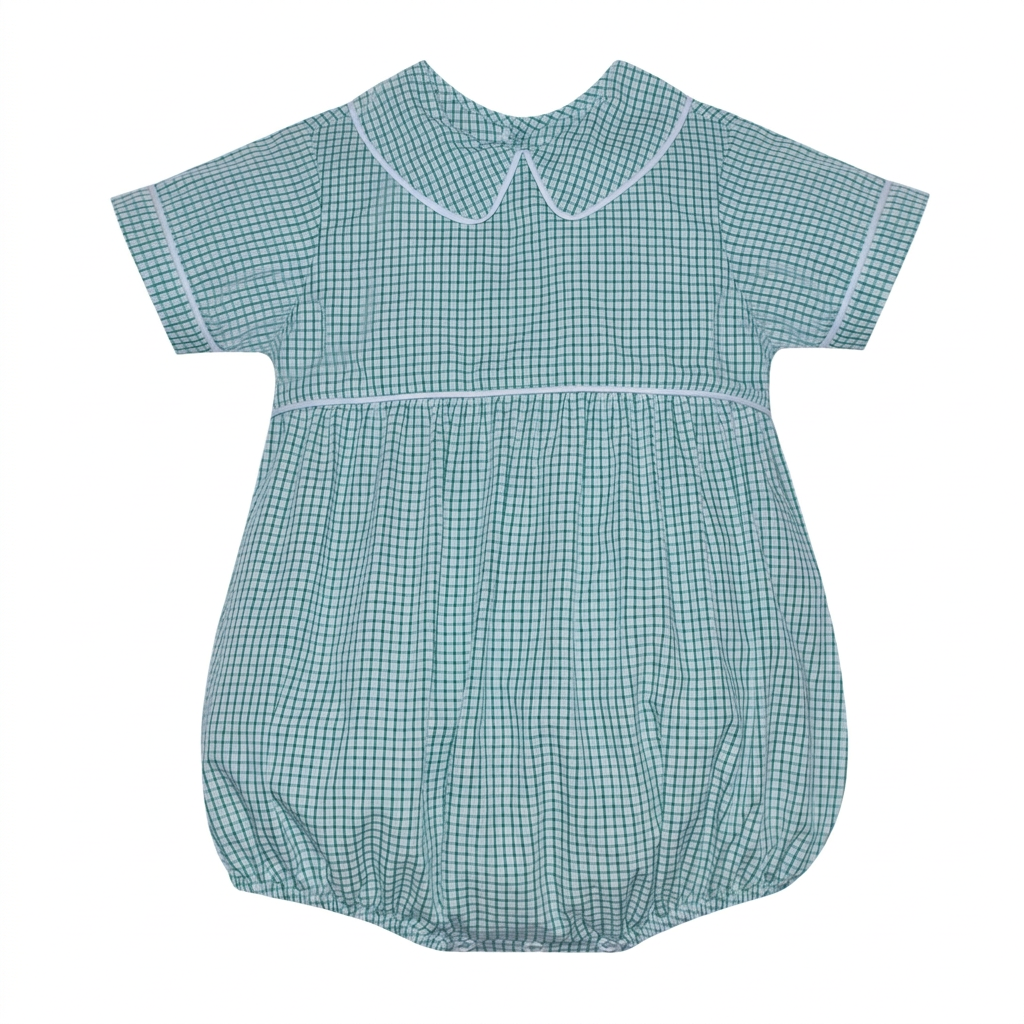 A baby romper in hunter green and white gingham pattern, featuring a Peter Pan collar, short sleeves with white piping, and a smocked waist seam.