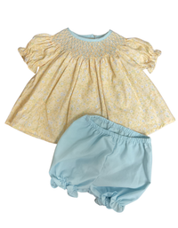 Betsy Smocked Bloomer Set in Blue & Yellow