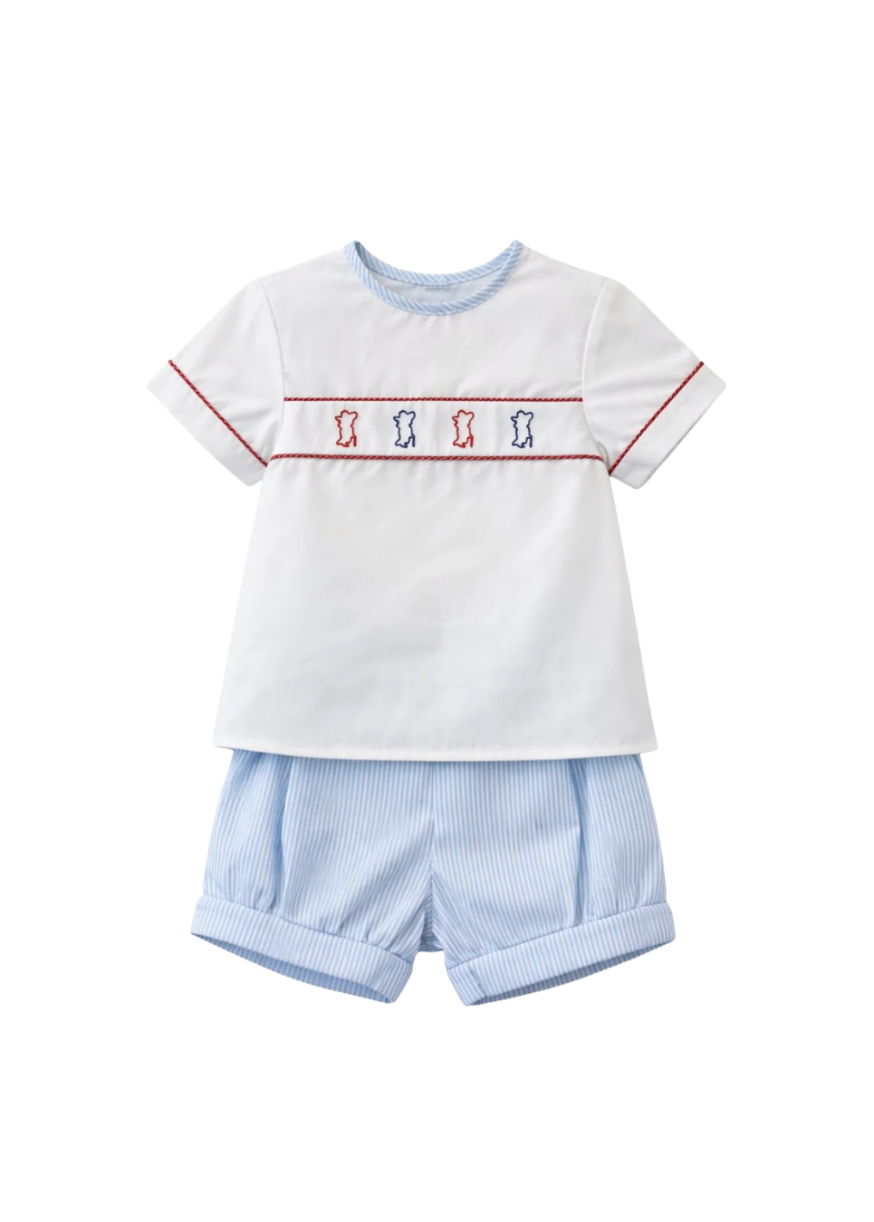 This short set features a crisp, short-sleeve shirt with a row of embroidered Colonel Rebs across the chest, and it's paired with the sweetest blue-striped shorts. 