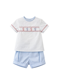 This short set features a crisp, short-sleeve shirt with a row of embroidered Colonel Rebs across the chest, and it's paired with the sweetest blue-striped shorts. 