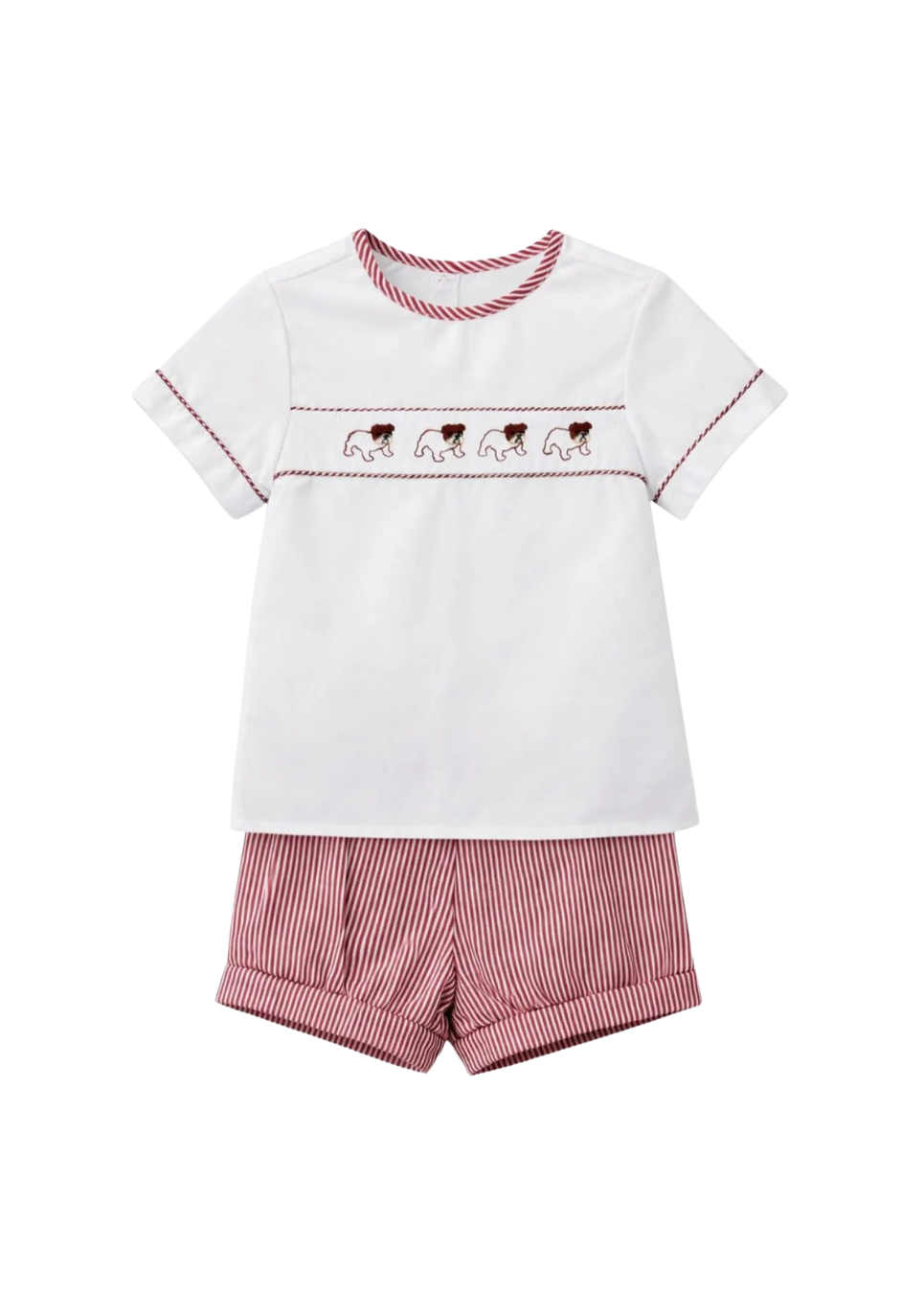 The sweetest matching short set for your little Bulldog fan: Wyatt Banded Short Set in Maroon Bulldog Stripe by Krewe Kids.