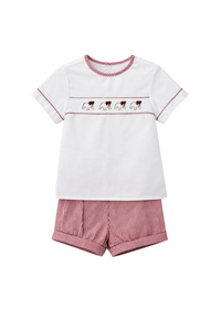 The sweetest matching short set for your little Bulldog fan: Wyatt Banded Short Set in Maroon Bulldog Stripe by Krewe Kids.