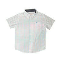 Boys Short Sleeve Dress Shirt in Tan & Teal