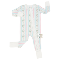 Girls Blue Floral Stripes Ruffle Double Zipper Romper
