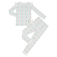 Girls Blue Floral Stripes Ruffle Loungewear Set